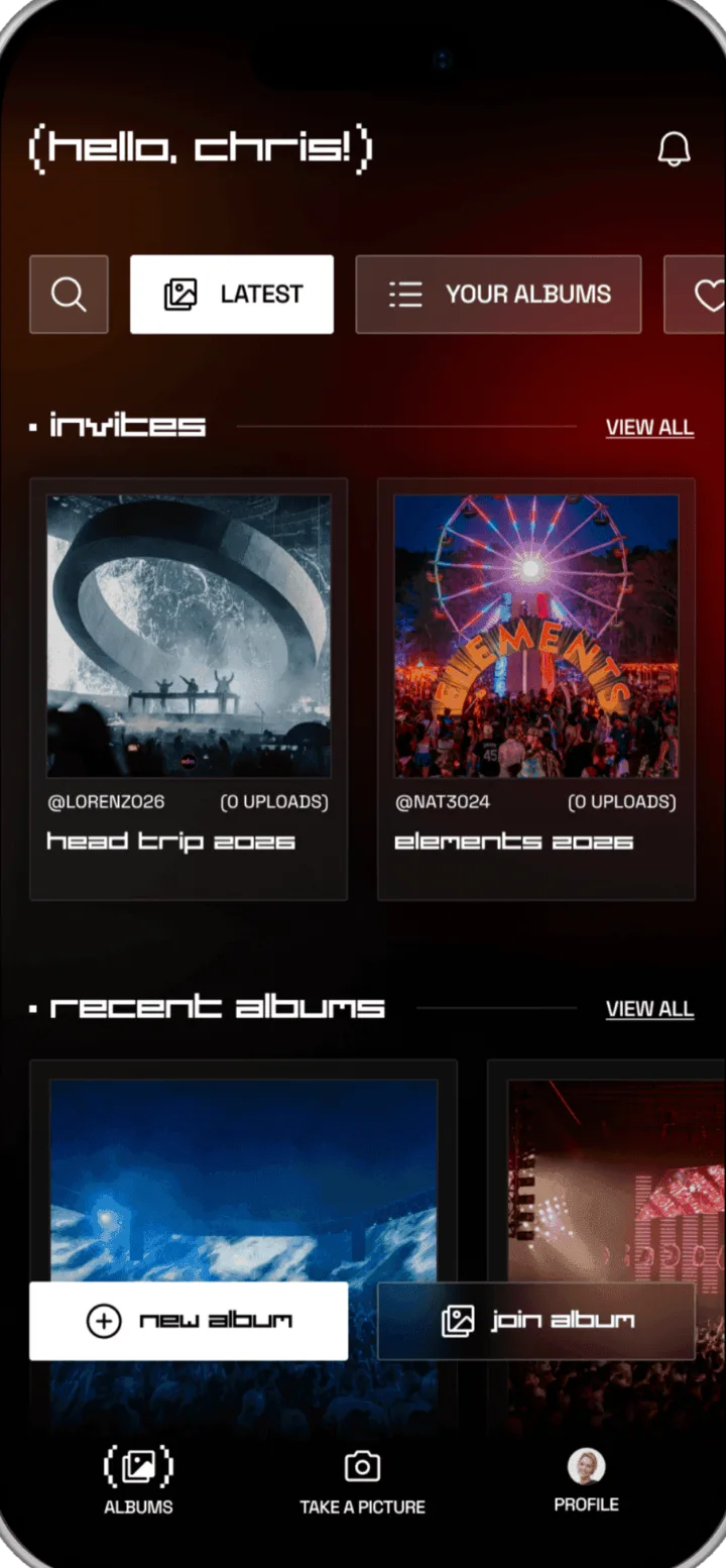 Plurr home with two album invites, Head Trip 2025 and Elements 2025, above recent albums