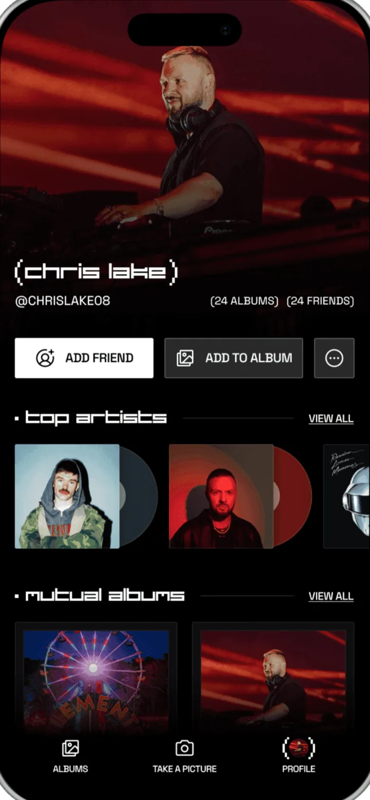 A Plurr profile with Add friend, top artists and mutual albums