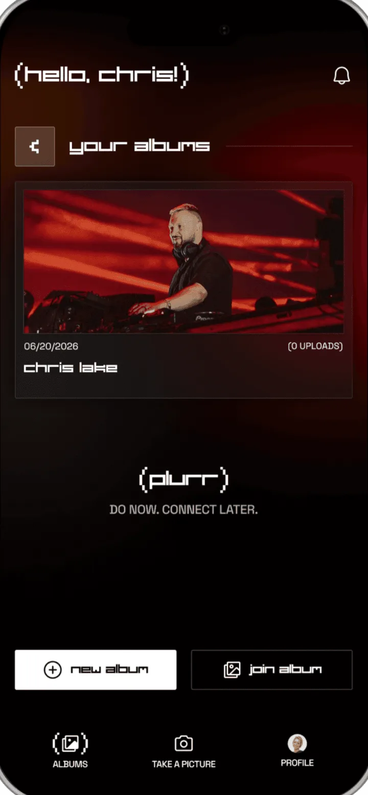 Your albums, showing an album from 06/20/2026 with a DJ photo as its cover