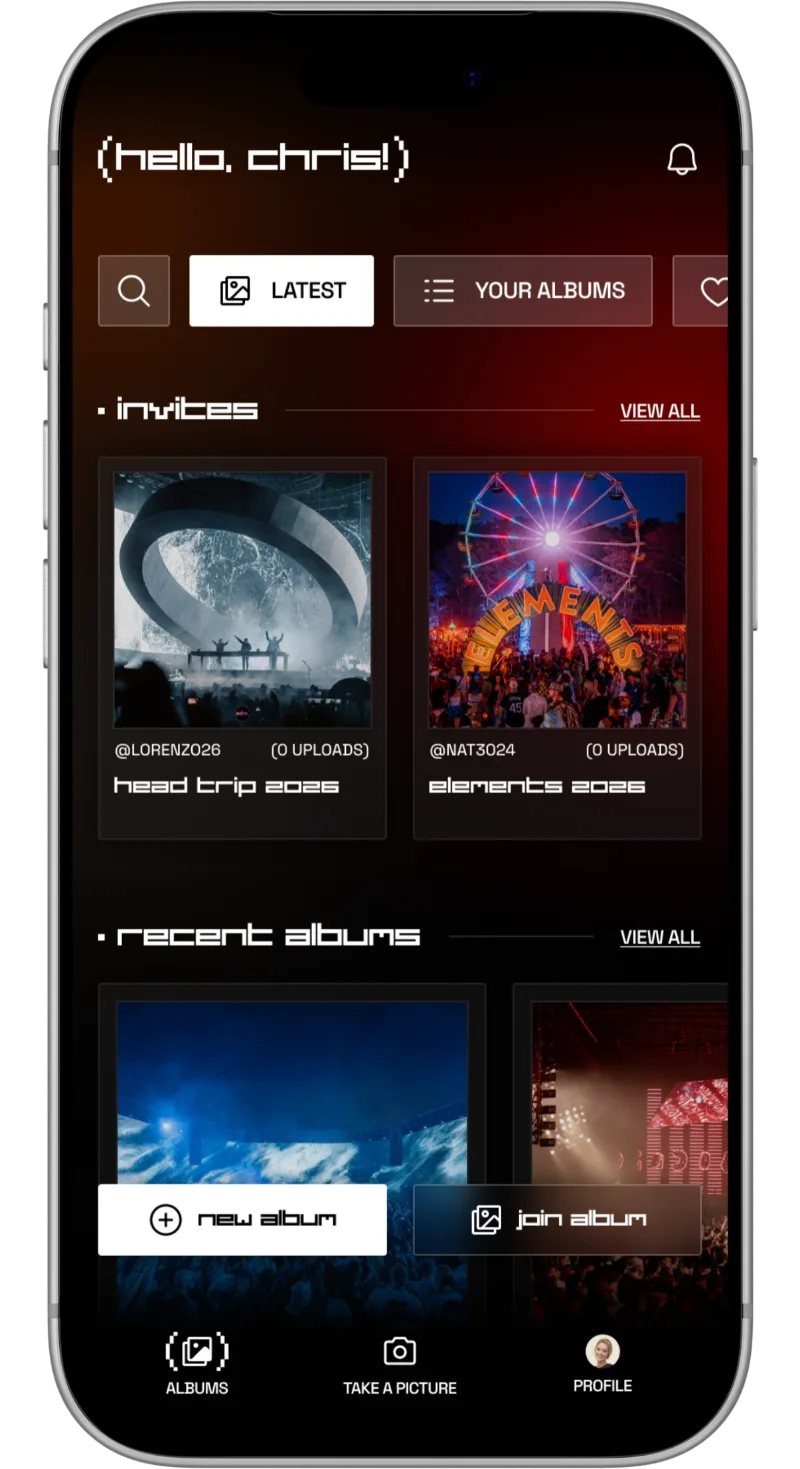 Plurr home screen listing two album invites above recent albums